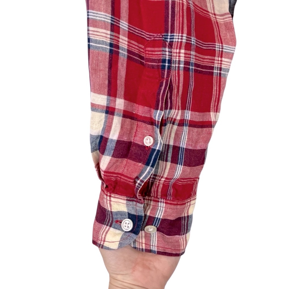 VTG Lauren Ralph Lauren 100% Linen Plaid Button Up Shirt Navy Red Off-White S/M - Picture 11 of 14